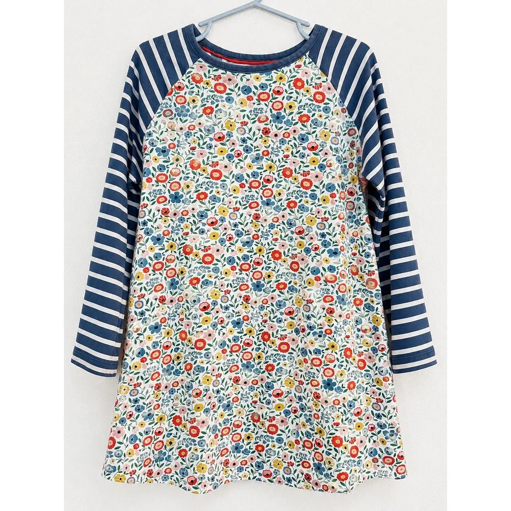 Mini Boden Girls Floral Striped Raglan Tunic Top Blue White 6-7Y 122cm